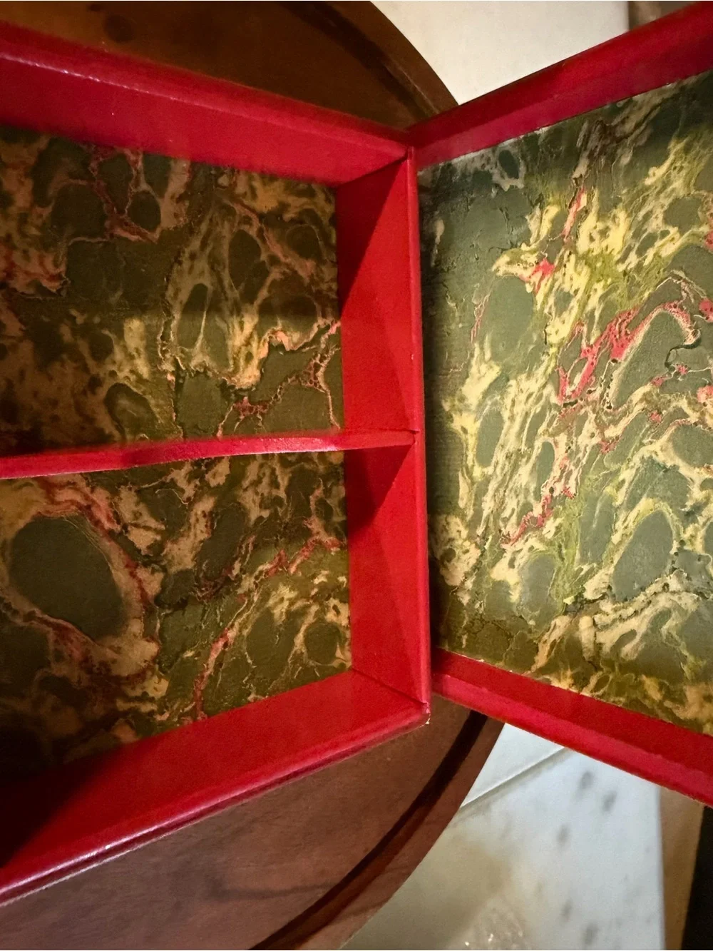 1971 Large Red Carriage Jewelry Box Signed Theda B. Vintage Divided Keepsake